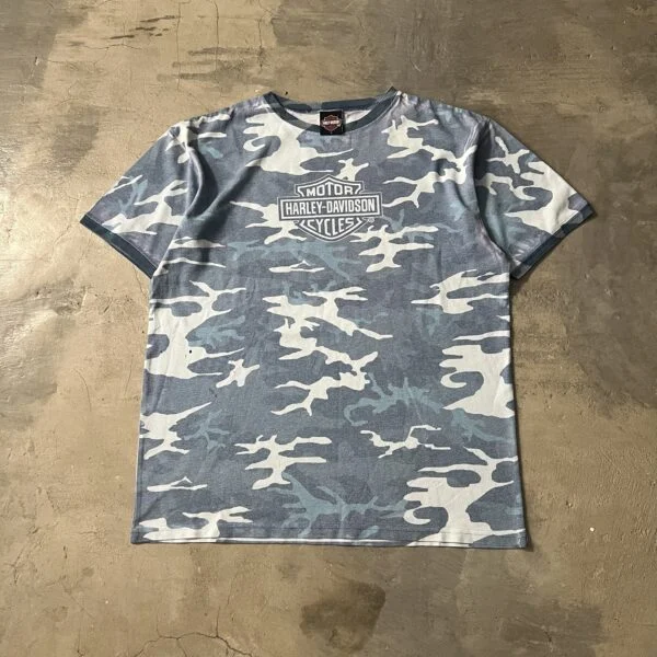 “Daytona Beach, FL” – Vintage Mid-2000s Harley-Davidson Camo Tee, Bleach & Print Stain