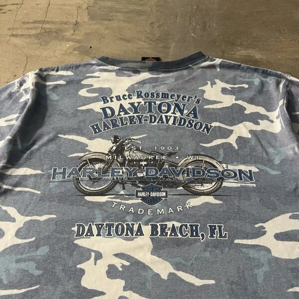 “Daytona Beach, FL” – Vintage Mid-2000s Harley-Davidson Camo Tee, Bleach & Print Stain