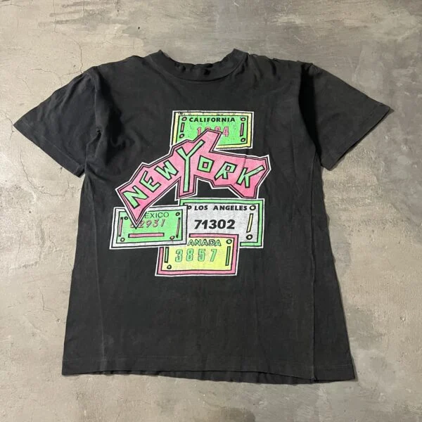 “New York” – Vintage 1990s Single Stitch License Plate Graphic Tee, Faded Black, Distressed